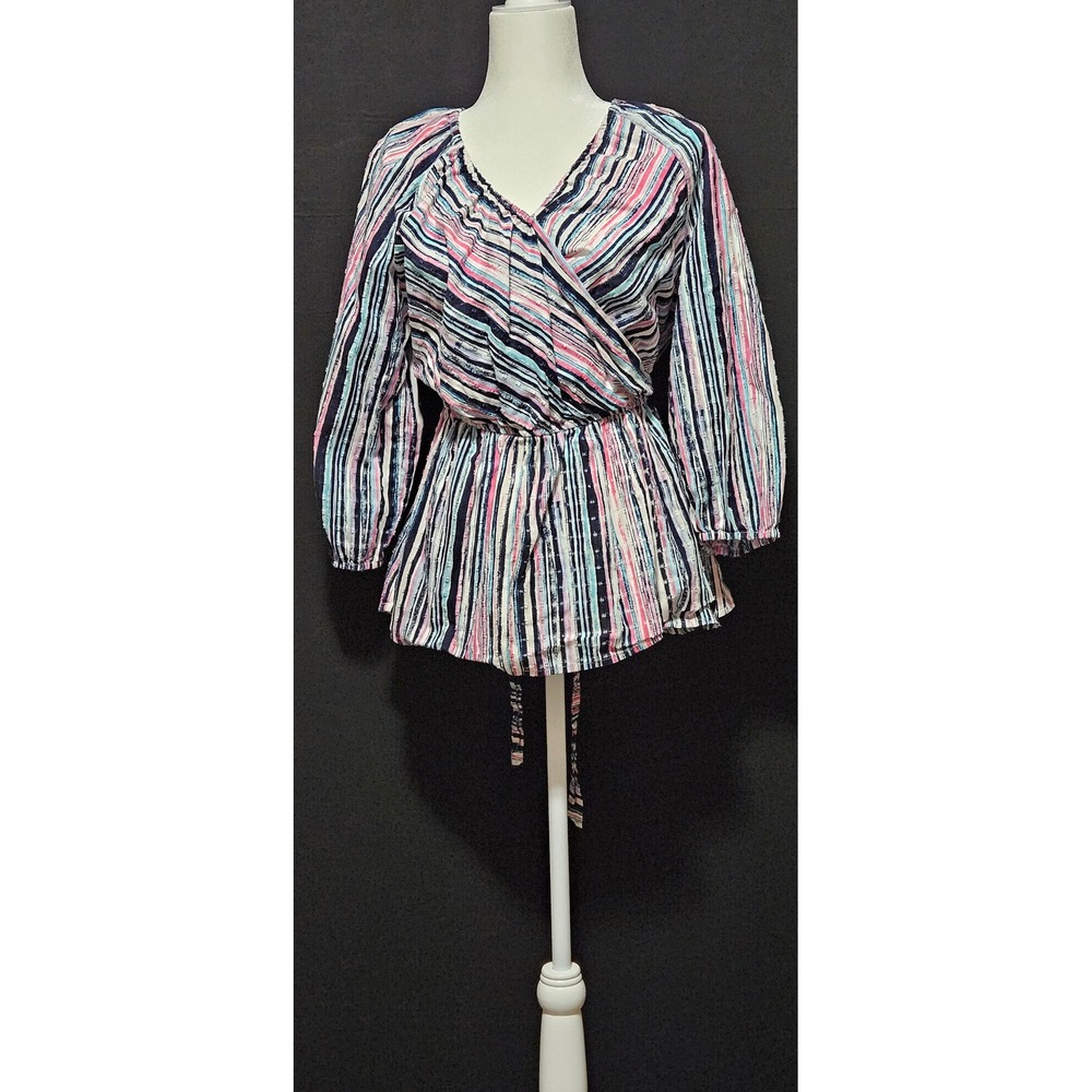 Lane Bryant Striped‎ Clip Dot Surplice Blouse Pink Blue White 14/16 Wrap Top